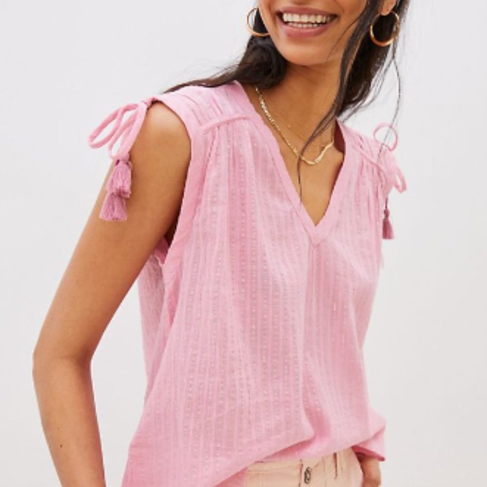 Anthropologie Shirred Cap Sleeve Tassel Blouse - Picture 8 of 8